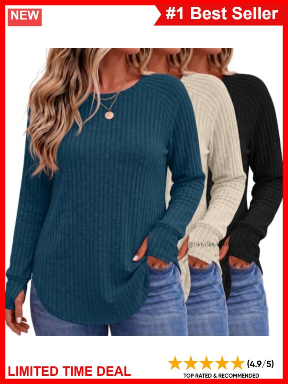Plus Size Long Sleeve Tunics 3 Pack Thumbhole Sweaters